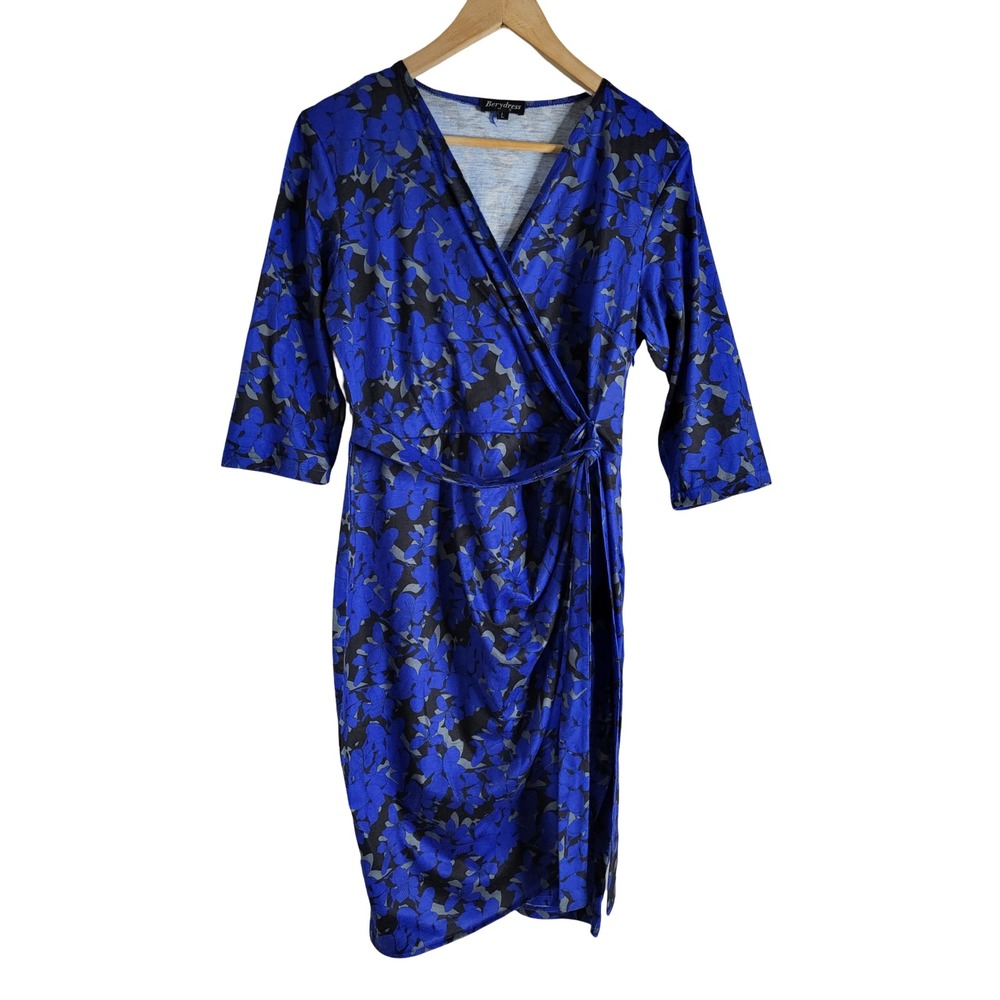 Berydress Blue Floral Faux Wrap Dress 3/4 Sleeve V-Neck Sheath L Office Evening
